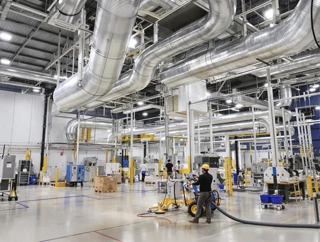 Wareham Air Duct Cleaning team performing comprehensive industrial duct cleaning at a large facility in Wareham